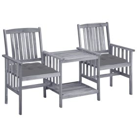 Patio Chairs with Tea Table and Cushions Solid Acacia Wood (Color: Grey)