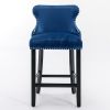 Contemporary Velvet Upholstered Wing-Back Barstools with Button Tufted Decoration and Wooden Legs, and Chrome Nailhead Trim, Leisure Style Bar Chairs